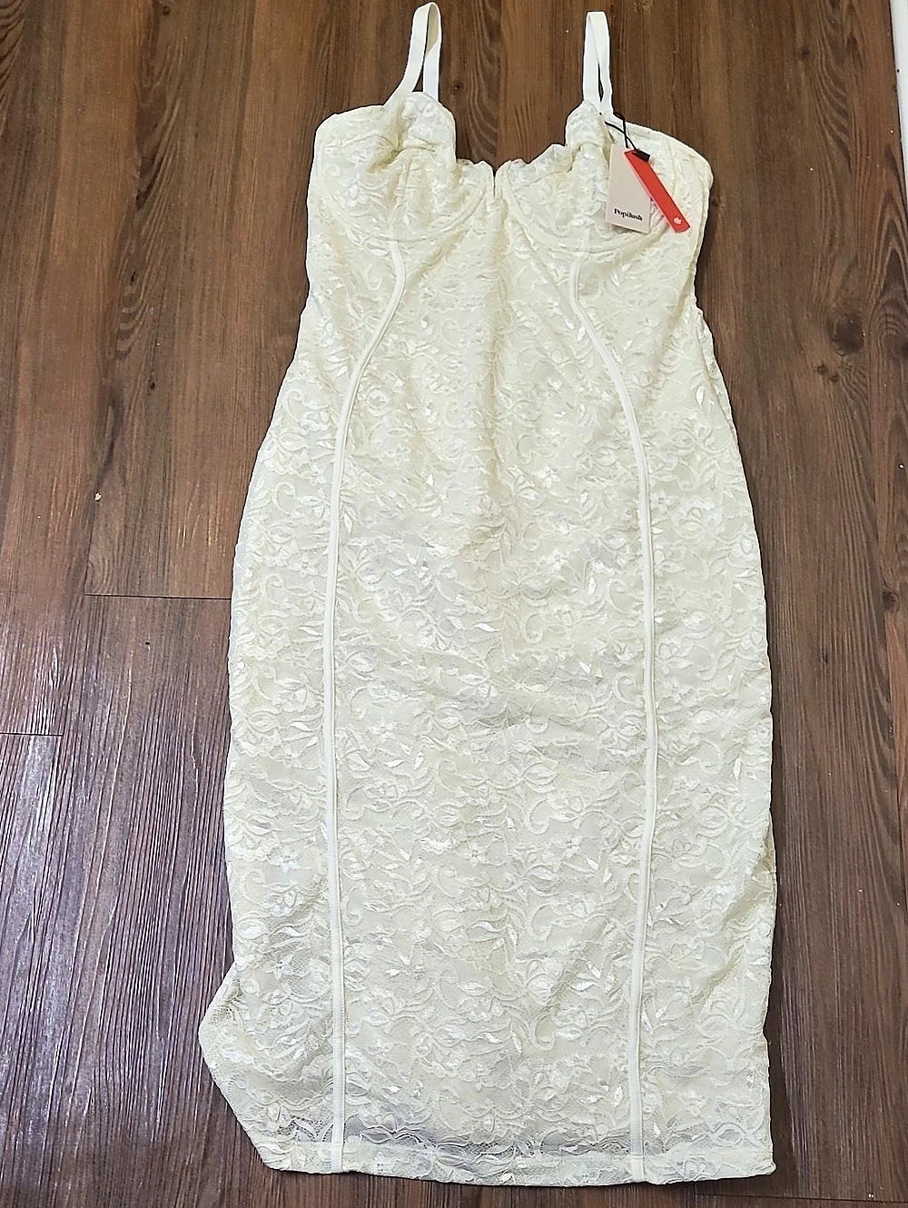 Popilush Shapewear Built-In Sculpting Lace Trim Midi Slip Dress White XXL